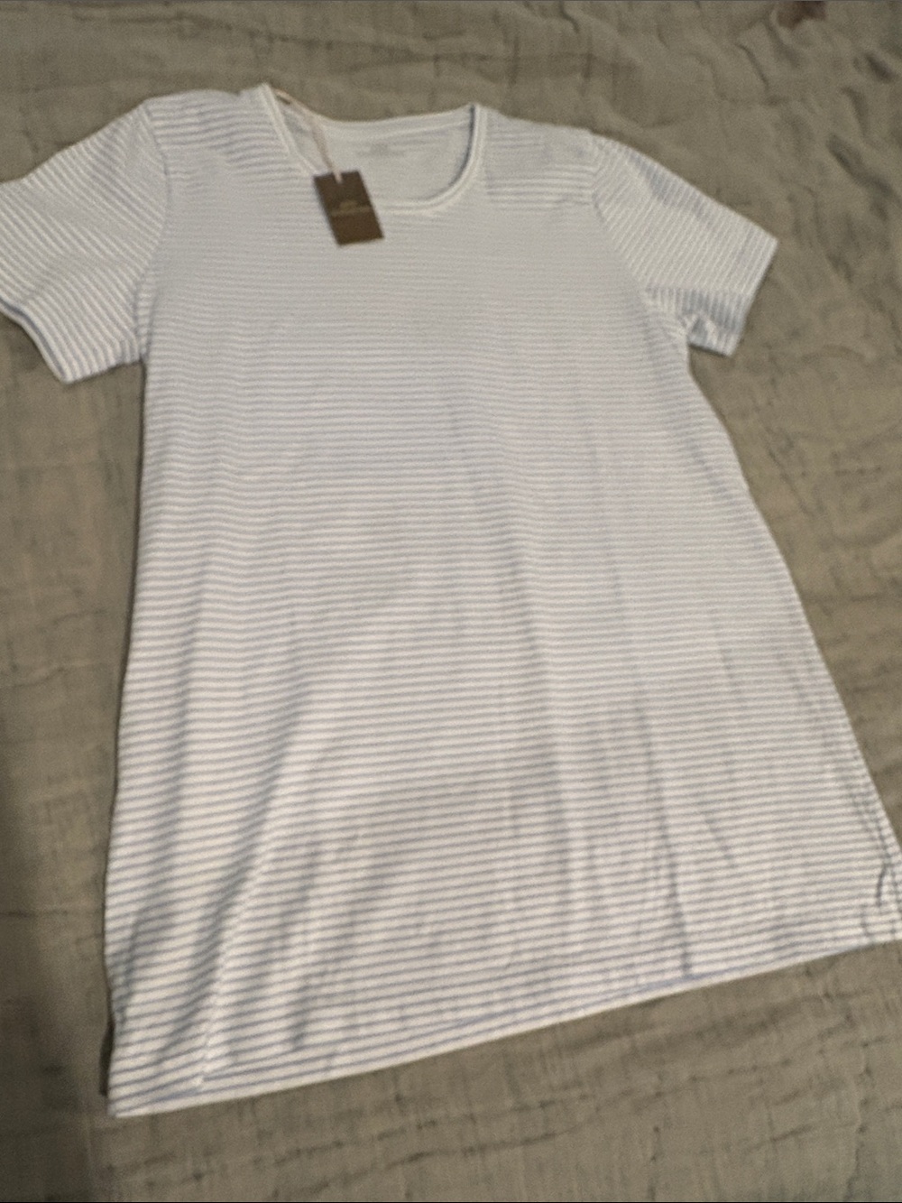 Women’s Classic Crew Neck Short Sleeve Shirt - White with Light Blue Stripe